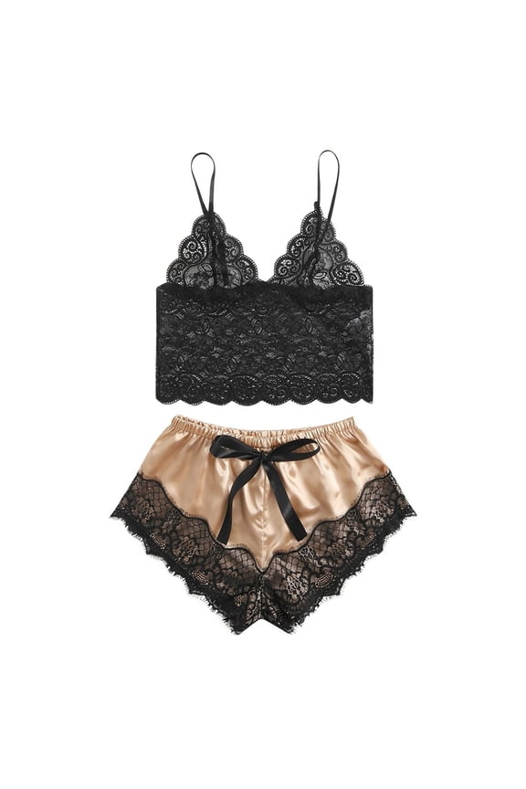 Soft Pajamas for Women Set Valentine's Day Two-piece Satin Nightwear Lace V Neck Bras with Shorts Cozy Loungewear Ladies Solid Casual Sleepwear Sleepsuits Beige M