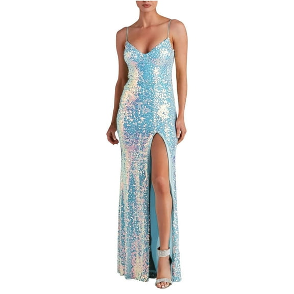 LYEAA Sparkly Dresses for Women Formal Sleeveless V Neck Glitter Sequin Maxi Dress Elegant Dress Slit Solid Color Evening Gown Cocktail Dress Slip Dress Fashion Club Dress Dress Blue M
