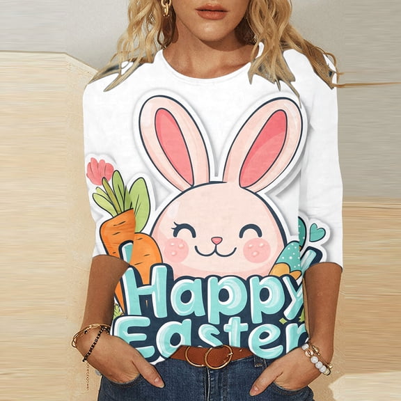 LYEAA Spring Collection 2025 Women Three Quarter Sleeve Blouse Easter Theme Rabbit Print Lightweight Top for Outdoor Activities Multicolor M