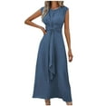 thumbnail image 1 of LYEAA Spring Dresses for Women Plus Size Crew Neck Sleeveless Flowy Ruched Long Dresses Solid Casual Dressy Tie Elastic Waist Pullover Dresses Comfort Holiday Dresses Blue L, 1 of 4