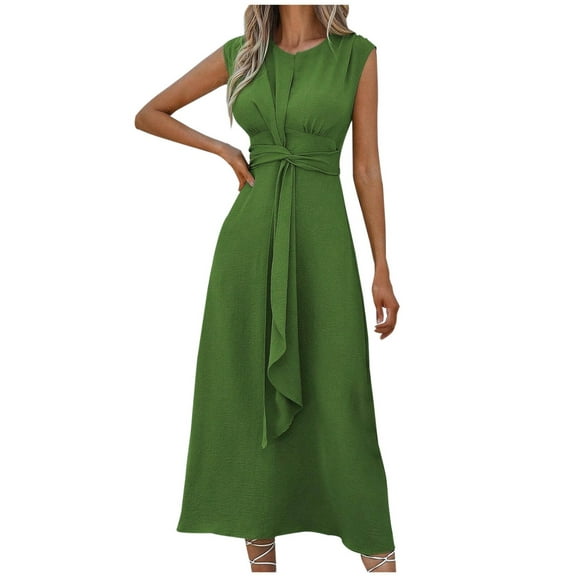 LYEAA Spring Dresses for Women Plus Size Crew Neck Sleeveless Flowy Ruched Long Dresses Solid Casual Dressy Tie Elastic Waist Pullover Dresses Comfort Holiday Dresses Green L