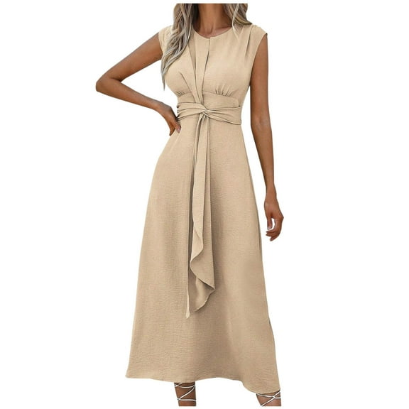 LYEAA Spring Dresses for Women Plus Size Crew Neck Sleeveless Flowy Ruched Long Dresses Solid Casual Dressy Tie Elastic Waist Pullover Dresses Comfort Holiday Dresses Beige M