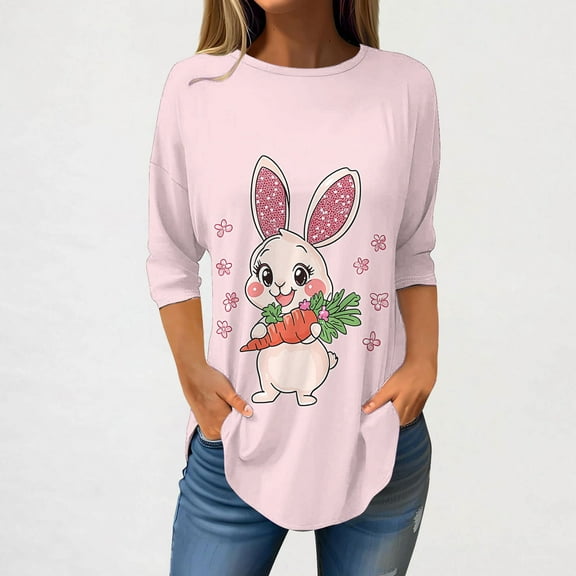 LYEAA Spring Festival 3/4 Sleeve T-Shirt for Women Cute Rabbit Graphic Round Neck Top Lightweight Breathable Fabric Casual Holiday Wear Pink M