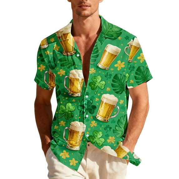 LYEAA St.Patricks Day Shirts Men Collared Clover Print Short Sleeve Shirt Lightweight Button down Blouses Summer Holiday Tops