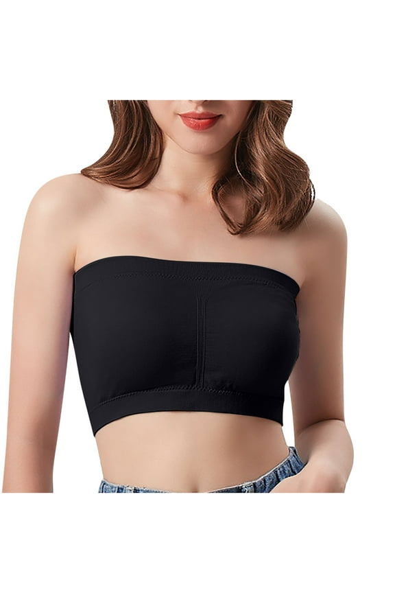 Strapless Bras for Women Plus Size Wireless Padded Stretch Push Up Bandeau No Wire Solid Support Non-Slip Breathable Comfortable Soft Sleeping Everyday Bra Black L