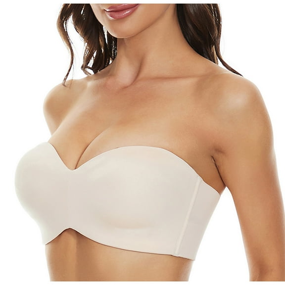LYEAA Strapless Bras for Women Push up Underwire Plus Size No Padding Convertible Bandeau Solid Support Non-Slip Breathable Comfortable Thin Soft Sleeping Everyday Bra Beige 38/85B