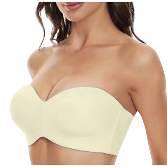 LYEAA Strapless Bras for Women Push up Underwire Plus Size No Padding Convertible Bandeau Solid Support Non-Slip Breathable Comfortable Thin Soft Sleeping Everyday Bra White 36/80B