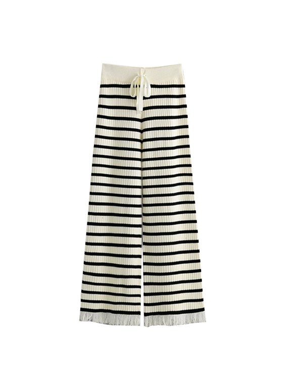 Striped Pants Women Drawstring High Waist Wide Leg Knit Straight Pants Casual Baggy Comfort Pants Soft Loose Pants Beige One Size