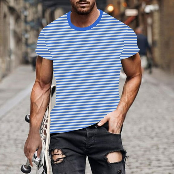 LYEAA Summer Men T Shirts Short Sleeves Crew Neck Beach Loose Pullover T-shirts Striped Casual Soft Comfortable Breathable Men's Tops Blue L