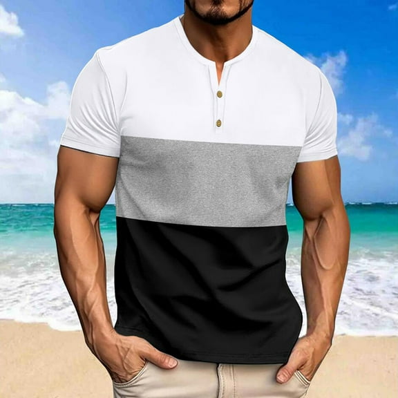 LYEAA Summer Men T Shirts Short Sleeves Two Buttons Crew Neck Loose Pullover T-shirts Color Block Casual Soft Comfortable Breathable Men's Tops Gray L