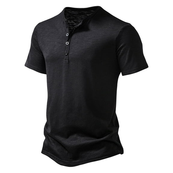 LYEAA Summer Shirts for Men Breathable Short Sleeves Four Buttons Crew Neck Fitted Pullover T-shirts Solid Casual Soft Comfortable Men's Tops Black XL