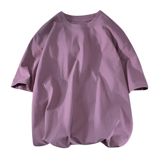 LYEAA Summer Shirts for Men Pullover Short Sleeves Crewneck Cotton Tees Solid Fashion Casual Loose Outdoor Tee Tops Breathable Comfortable Soft Everyday Clothes Purple L