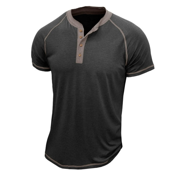 LYEAA Summer Shirts for Men Short Sleeve Four Buttons Crew Neck Fitted Pullover T-shirts Solid Casual Soft Comfortable Breathable Men's Tops Gray L