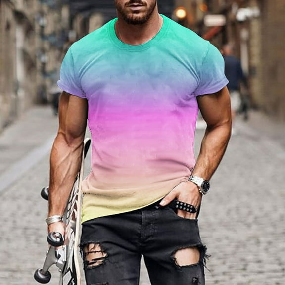 LYEAA Summer T-Shirts for Men Short Sleeves Crew Neck Beach Loose Pullover Shirts Gradient Casual Soft Comfortable Breathable Men's Tops Pink M