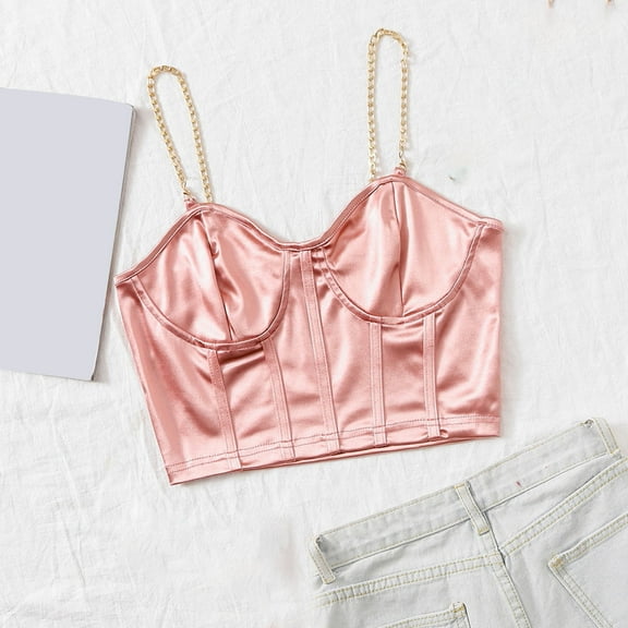 LYEAA Summer Tank Tops for Women 2025 Chain Spaghetti Strap Fitted Casual Party Crop Sling Tube Top Solid Sleeveless Breathable Fashion Ladies Pullover Shirts Pink S