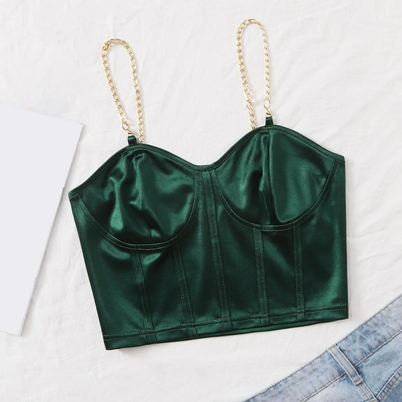 LYEAA Summer Tank Tops for Women 2025 Chain Spaghetti Strap Fitted Casual Party Crop Sling Tube Top Solid Sleeveless Breathable Fashion Ladies Pullover Shirts Green S