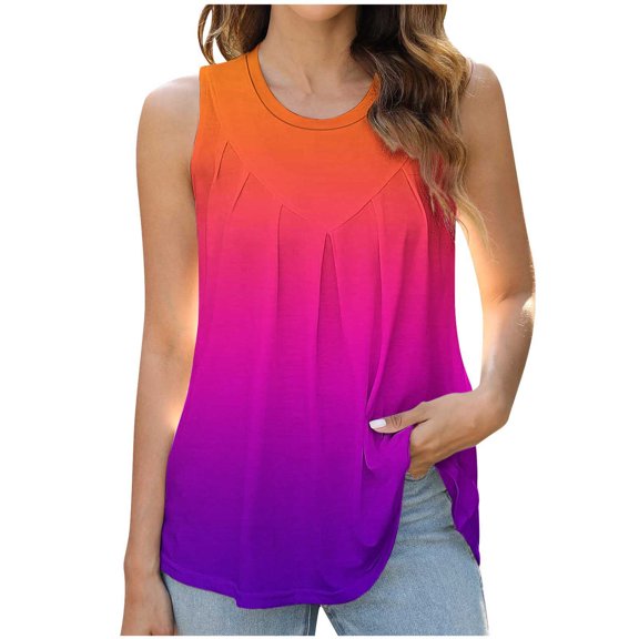 LYEAA Summer Tank Tops for Women Plus Size Sleeveless Crew Neck Summer Loose Casual Tee Shirts Gradient Flowy Beach Elegant Fashion Pullover Vest Breathable Soft Loungewear Going Out Clothes Orange S
