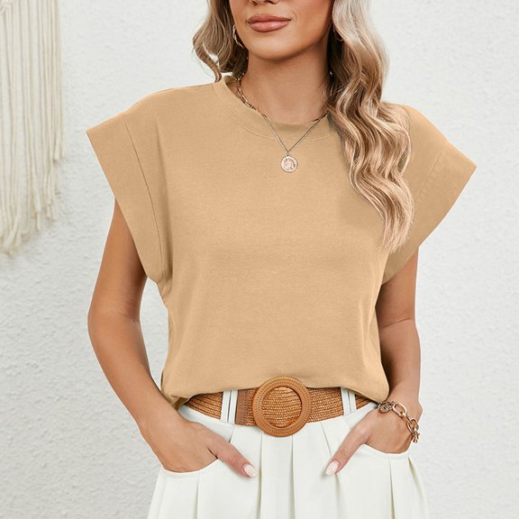 LYEAA Summer Womens Tank Tops Plus Size Cap Sleeve Crew Neck Loose Casual Tee Shirts Solid Vacation Beach Fashion Pullover Vest Breathable Soft Loungewear Going Out Clothes Brown S