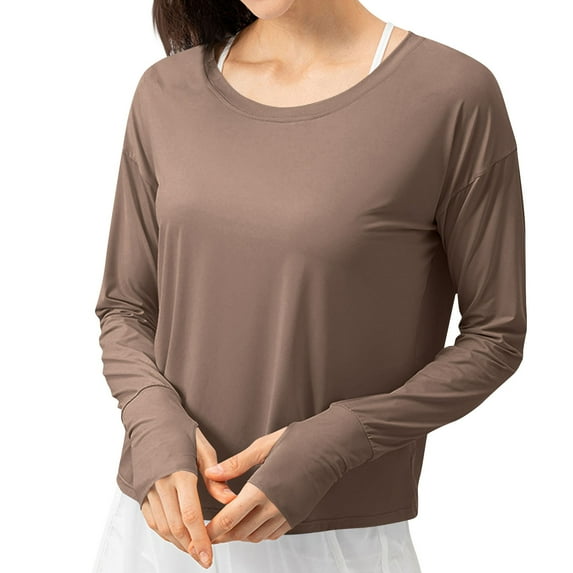 LYEAA Sun Protection Shirts for Women Long Sleeve UPF50+ Lightweight Shirt Crewneck Breathable Tops Solid Workout Activewear