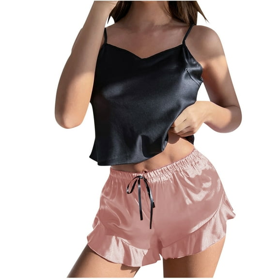 LYEAA Super Soft Pajamas for Women Valentine's Day Two-piece Satin Nightwear Set V Neck Sling Tops with Shorts Cozy Loungewear Ladies Solid Ruffled Loose Casual Sleepwear Sleepsuits Pink M