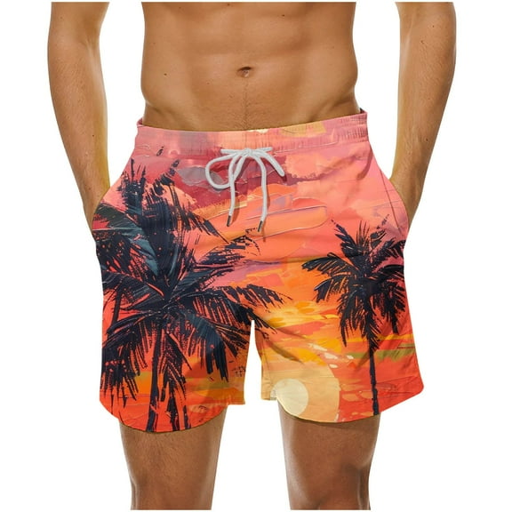 LYEAA Swim Shorts for Men Pants Elastic Waist Summer Beach Big Men's Swimming Trunks Hawaiian Colorful Tree Printed Surf Board Shorts Casual Sports Trendy Comfortable Swimwear with Pockets Orange 4XL