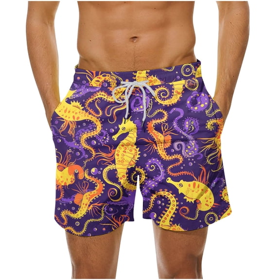 LYEAA Swim Shorts Men Short Elastic Waist Summer Beach Big Men's Swimming Trunks Cute Print Drawstring Surfing Board Shorts Casual Athletic Trendy Comfort Swimsuit with Pockets Purple 2XL