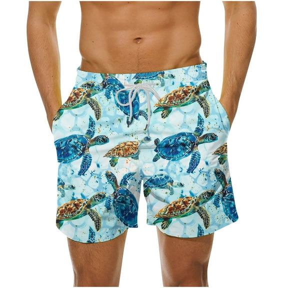 LYEAA Swim Shorts Men Short Elastic Waist Summer Beach Big Men's Swimming Trunks Cute Printed Drawstring Surfing Board Shorts Casual Athletic Fashion Comfortable Swimwear with Pockets Blue S