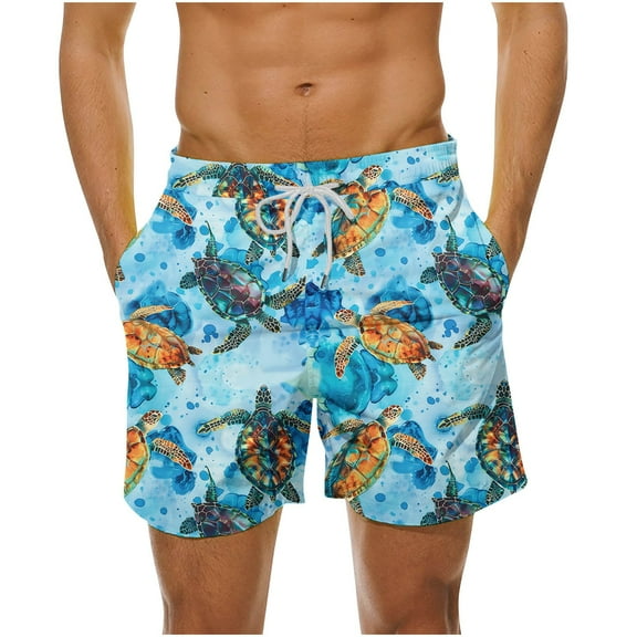 LYEAA Swim Trunks for Men Elastic Waist Summer Beach Big Men's Shorts Cute Printed Drawstring Surfing Board Shorts Casual Loose Sports Trendy Comfort Swimwear Bathing Suit with Pockets Blue 2XL