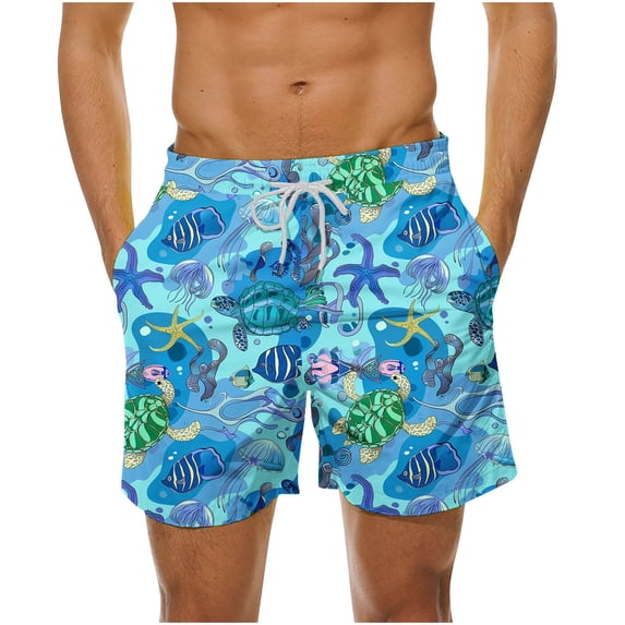 LYEAA Swimming Men Shorts Elastic Waist Summer Beach Big Men's Trunks Cute Printed Drawstring Surfing Board Shorts Casual Loose Athletic Fashion Comfortable Swimsuit Bathing Suit with Pockets Blue L