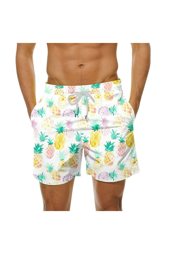 Swimming Men Shorts Elastic Waist Summer Beach Big Men's Trunks Hawaiian Colorful Pineapple Printed Surfing Board Shorts Casual Sports Trendy Comfortable Swimwear with Pockets White M