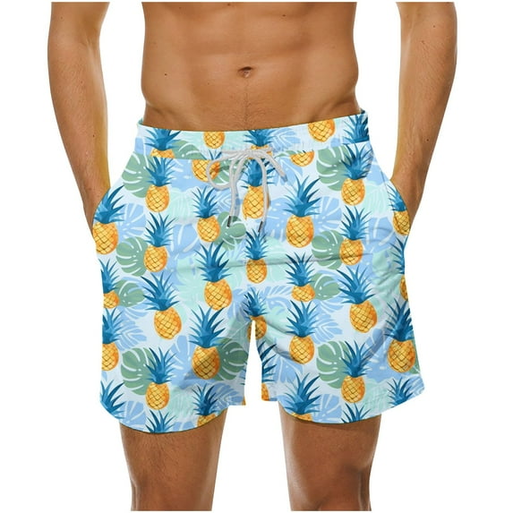 LYEAA Swimming Shorts Men Pineapple Elastic Waist Summer Beach Big Men's Trunks Hawaiian Colorful Printed Drawstring Surfing Board Shorts Casual Sports Trendy Comfortable Swimsuit with Pockets Blue L