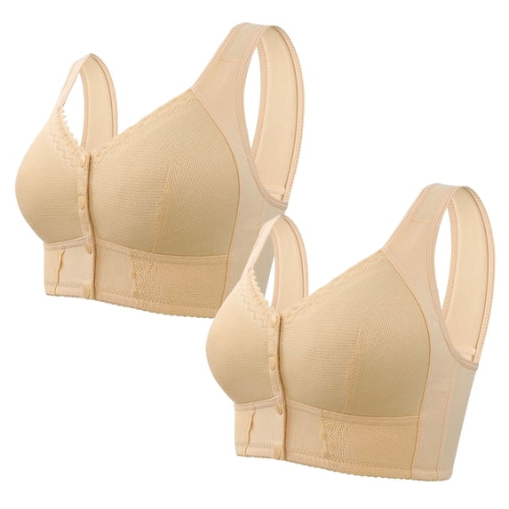 LYEAA T Shirt Bras for Women 2 Pack Plus Size No Wire Wirefree Everyday Bras Push up Breathable Wireless Front Closure Daily Sleep Bras Comfortable Shaping Full Figure Soft Stretch Bras Beige S
