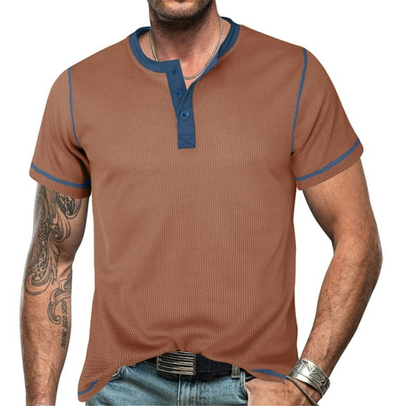 LYEAA T Shirts for Men Short Sleeve Three Buttons Crew Neck Loose Summer Pullover T-shirts Solid Casual Soft Comfortable Breathable Men's Tops Brown S