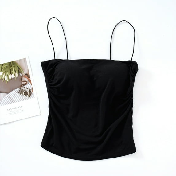 LYEAA Tank Top Built in Bras for Women Spaghetti Strap Fitted Summer Casual Crop Sling Tube Tops Solid Sleeveless Breathable Fashion Ladies Pullover Shirts Black S