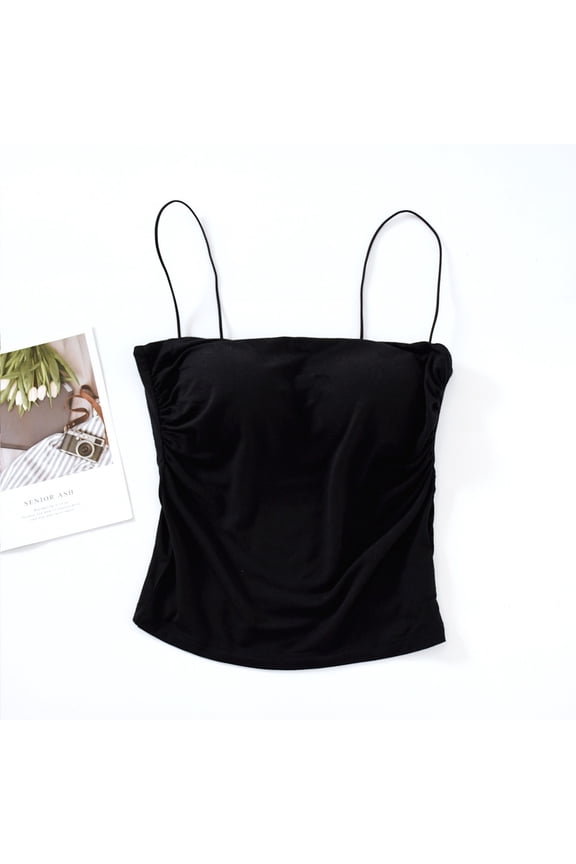Tank Top Built in Bras for Women Spaghetti Strap Fitted Summer Casual Crop Sling Tube Tops Solid Sleeveless Breathable Fashion Ladies Pullover Shirts Black L