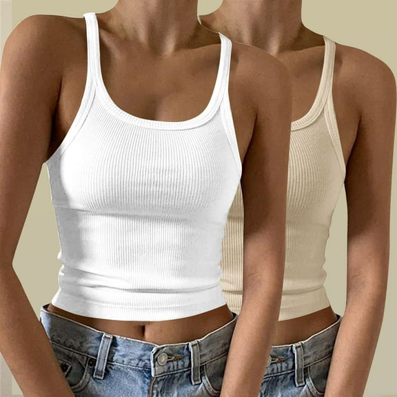 LYEAA Tank Top Pack Women of 2 Plus Size Spaghetti Strap Fitted Summer Casual Cami Shirt Solid Crew Neck Sleeveless Breathable Fashion Ladies Pullover Shirts White M
