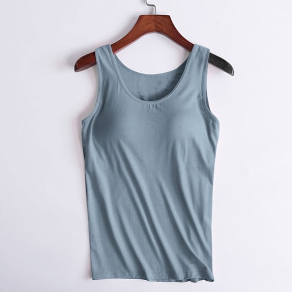 LYEAA Tank Tops with Built in Bras Plus Size Sleeveless Crew Neck Wirefree Basic Summer Loose Casual Undershirt Solid Yoga Sports Beach Pullover Vest Breathable Soft Womens Going Out Clothes Blue 2XL