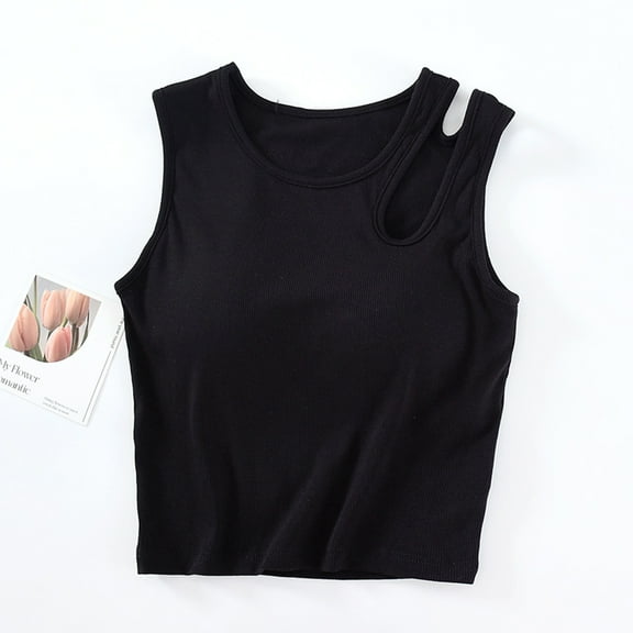 LYEAA Tank Tops for Women with Built in Bra Cropped Sleeveless Crew Neck Padded Basic Summer Casual Undershirt Solid Beach Fashion Pullover Vest Breathable Soft Loungewear Going Out Clothes Black M