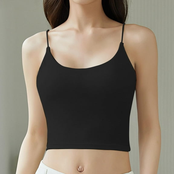 LYEAA Tank Tops for Women with Built in Bra Cropped Spaghetti Strap Fitted Summer Casual Cami Shirt Solid Crew Neck Sleeveless Breathable Fashion Ladies Pullover Shirts Black