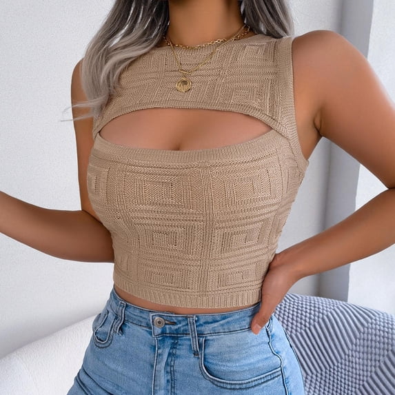 LYEAA Tank Tops Women Casual Sleeveless Crew Neck Cut Out Summer Fitted Cropped Tee Shirts Solid Vacation Beach Elegant Fashion Pullover Vest Breathable Soft Loungewear Going Out Clothes Brown S