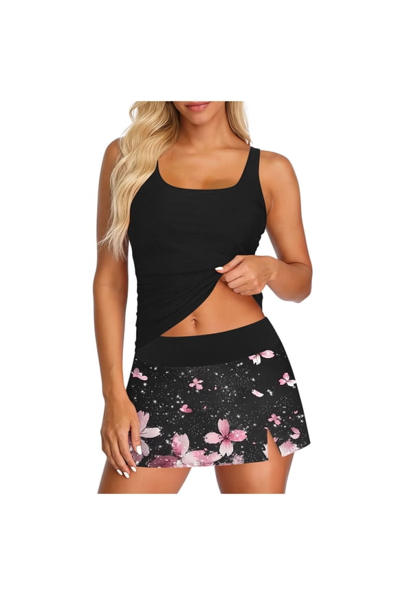 Tankini Sets for Women High Waisted Swimsuits with Skirt Floral Printed Swimming Sets Modest Swimwear