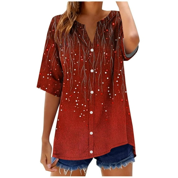 LYEAA Tee Shirts for Women Linen Short Sleeve V Neck Tees Solid Button down Tunic Tops Breathable Trendy Clothes