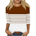 thumbnail image 1 of LYEAA Three Quarter Sleeve Tops Woman Crew Neck 3/4 Sleeve T-shirt Fashion Color Block Striped Tees Loose Soft Comfortable Blouse Dressy Casual Breathable Trendy Clothing Brown S, 1 of 4