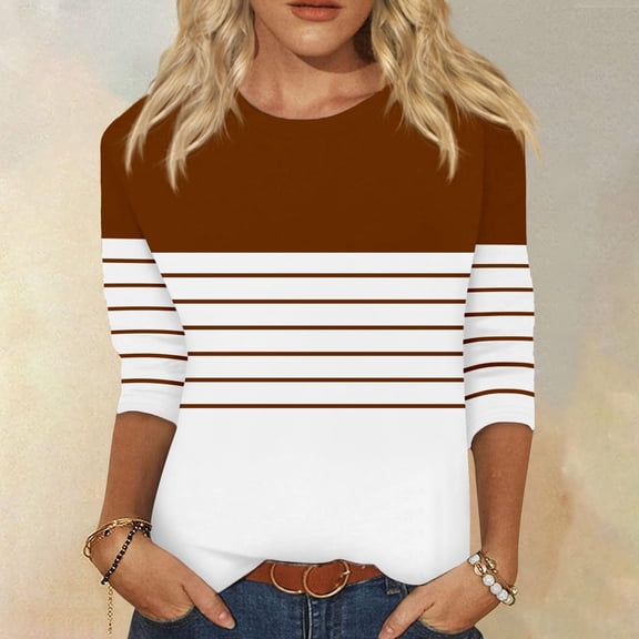 LYEAA Three Quarter Sleeve Tops Woman Crew Neck 3/4 Sleeve T-shirt Fashion Color Block Striped Tees Loose Soft Comfortable Blouse Dressy Casual Breathable Trendy Clothing Brown S