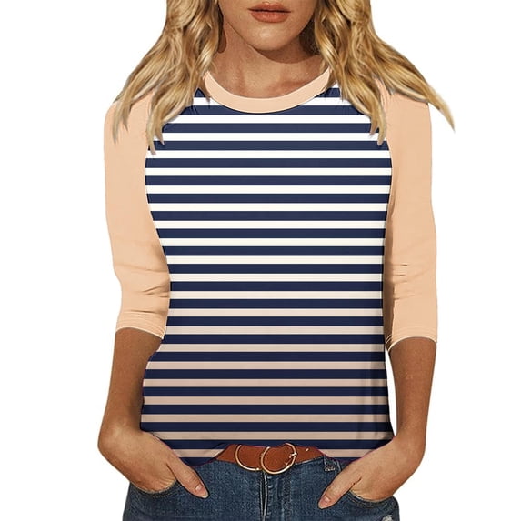 LYEAA Three Quarter Sleeve Tops Woman Crew Neck 3/4 Sleeve T-shirt Fashion Gradient Striped Tees Loose Soft Comfortable Blouse Dressy Casual Breathable Trendy Clothing Blue L