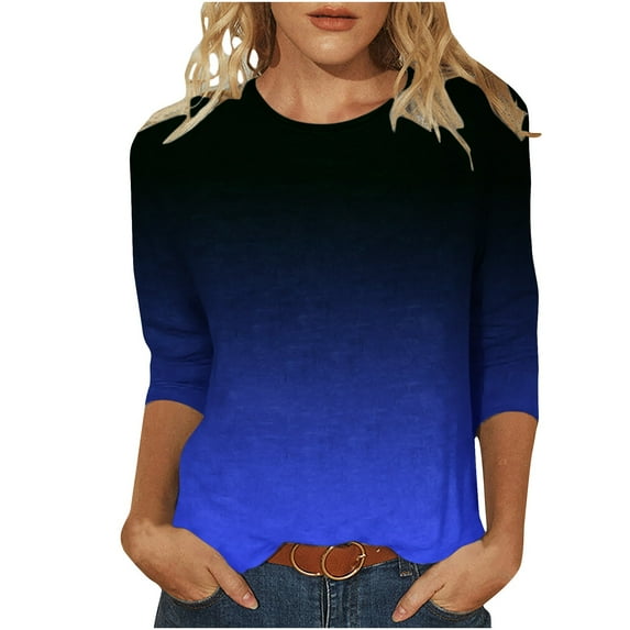 LYEAA Three Quarter Sleeve Tops Woman Crew Neck 3/4 Sleeve T-shirt Fashion Gradient Tees Loose Soft Comfortable Blouse Dressy Casual Breathable Trendy Clothing Blue M