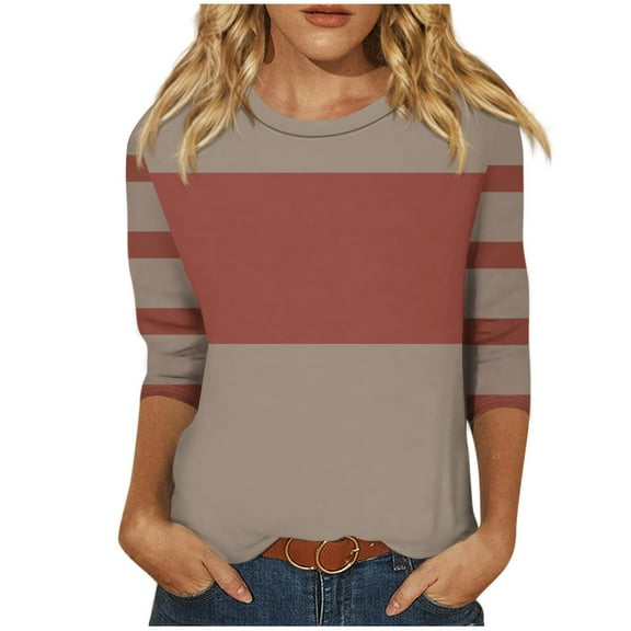 LYEAA Tops for Women/3/4 Sleeve Crew Neck T-shirt Fashion Color Block Striped Tees Loose Soft Comfortable Blouse Dressy Casual Breathable Trendy Clothing Gray M