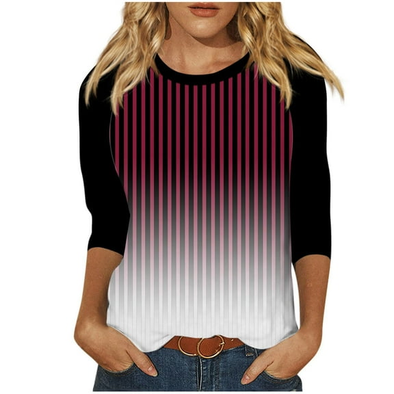 LYEAA Tops for Women Plus Size 3/4 Sleeves Plus Size Crew Neck T-shirt Fashion Gradient Striped Tees Loose Soft Comfortable Blouse Dressy Casual Breathable Trendy Clothing Red XXL