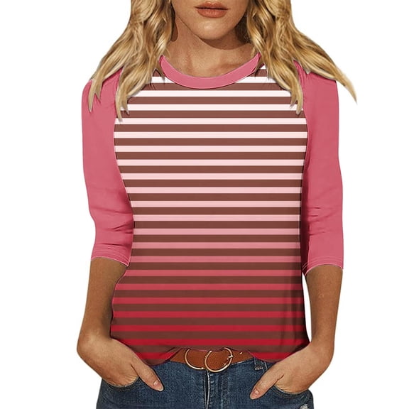 LYEAA Tops for Women Trendy Fall Crew Neck 3/4 Sleeve T-shirt Fashion Gradient Striped Tees Loose Soft Comfortable Blouse Dressy Casual Breathable Clothing Red S