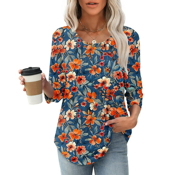 LYEAA Trendy 3/4 Sleeve Blouse for Women, Unique Chest Pleats Abstract Print Design, Breathable Fabric Casual Spring Tops Multicolor M